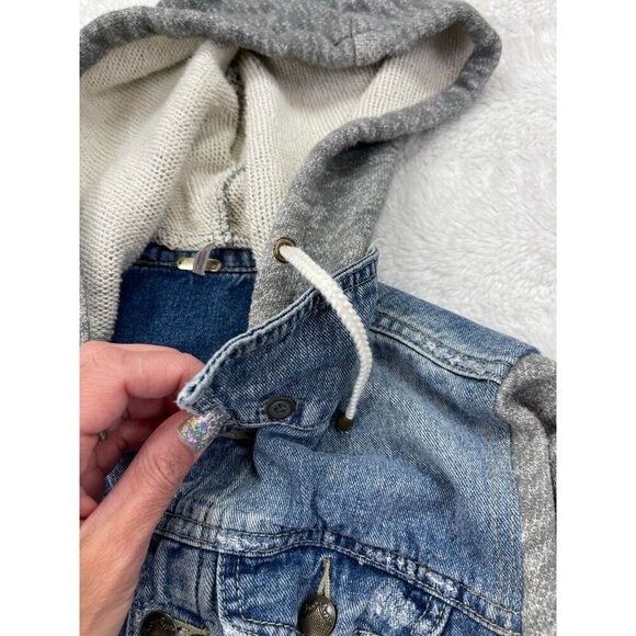 Free People Knit Hooded Denim Jacket XS Long Sleeve Removable Hood Button Up - Picture 6 of 9